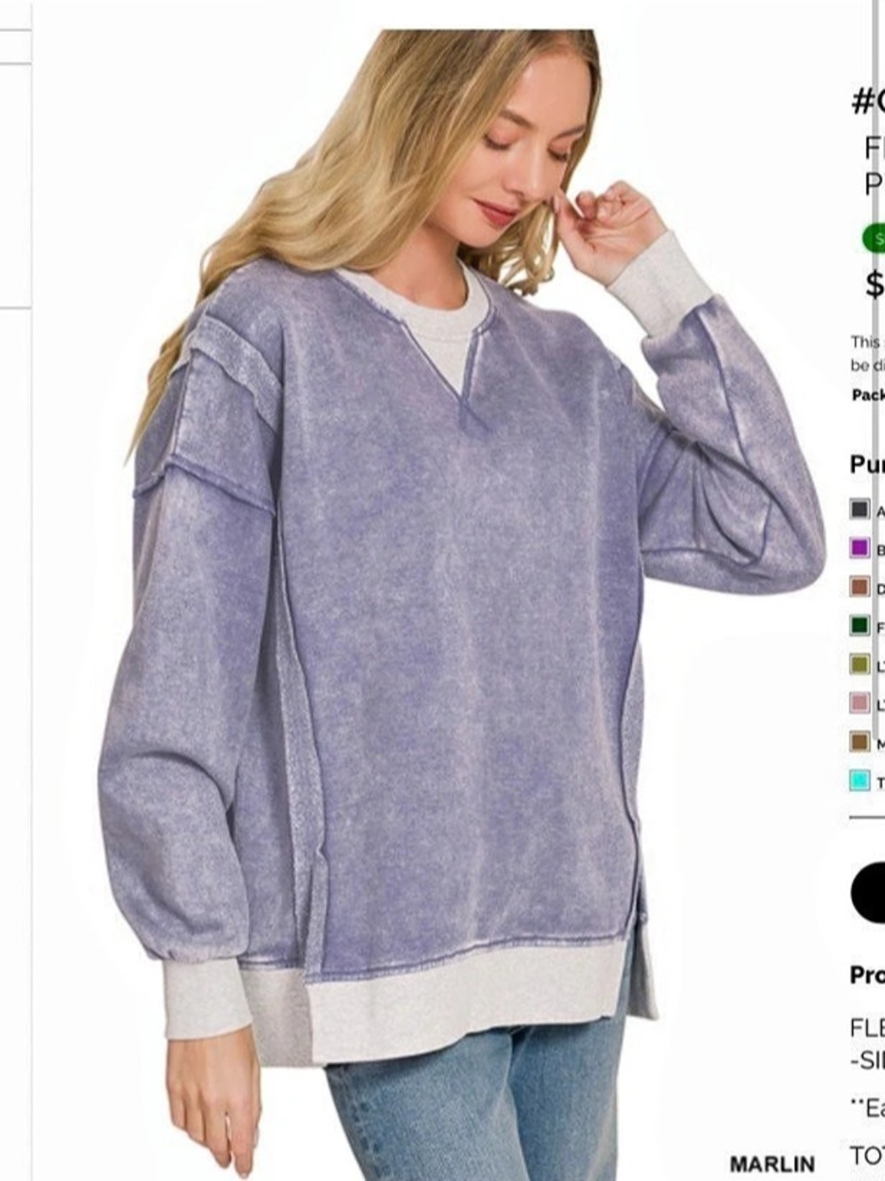 Zenana Fleece Acid Washed Contrast Trim Pullover Purple